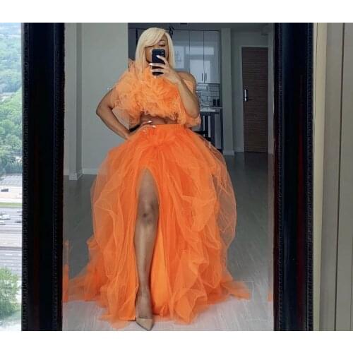 Fashion Orange Tulle Skirts Womens 2020 Ball Gown Split Tulle Tutu Skirts Floor Length Cheap Casual femme jupes Elastic Waist