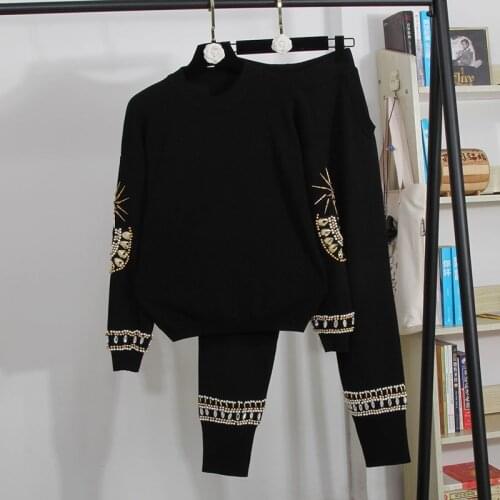 Fashion Black Knitted Tracksuits Set Women Beading Embroidery Sweater Pencil Pants Outfits Female Loose Casual Knitting Suit 2pc