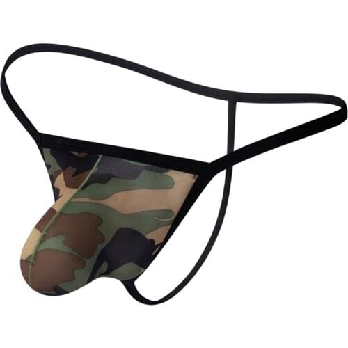 Mens Sexy Nylon Camouflage U-Convex Backless Thong Brief Underpants Thin Thong Low-waisted Sexy Lingerie Exotic Sex Underwear