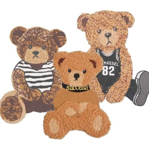 New Custom brown Chenille bear Patches 3D bear badge animal sew on Embroidered Appliques for Hoddlies Chlothes