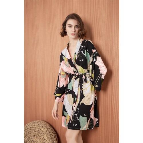 2021 spring and summer new pajamas thin cotton silk ladies sleepwear, comfortable long-sleeved tie outer single night gown