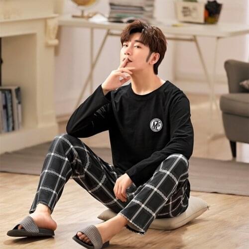 Spring Autumn Men Pajamas Set Cotton Print Sleepwear Night Suit Casual Long Sleeve Plaid Pants Pyjamas Plus Size Homewear