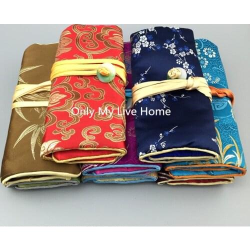 Portable Women Gift Folding Jade Silk Pouch Bag Jewelry Roll Travel Makeup Bag 3 Zipper Pouch Drawstring Craft Bag Custom Made