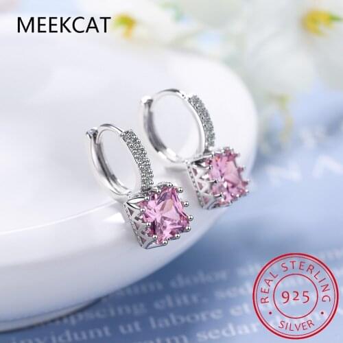 MEEKCAT Square Pink Crystal Luxury Jewelry Dangle Solid 925 Sterling Silver Drop Earrings For Women FQL21014