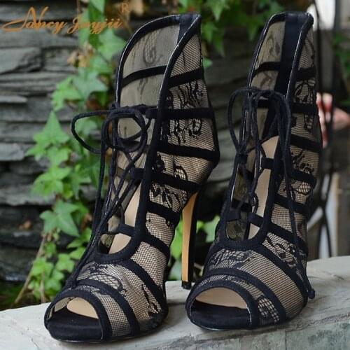 Sexy Summer Women Black Air Mesh Shoes Chantilly Lace Open Toe Bootie High Heels Sandals Women Party Evening Club Shoes Plus