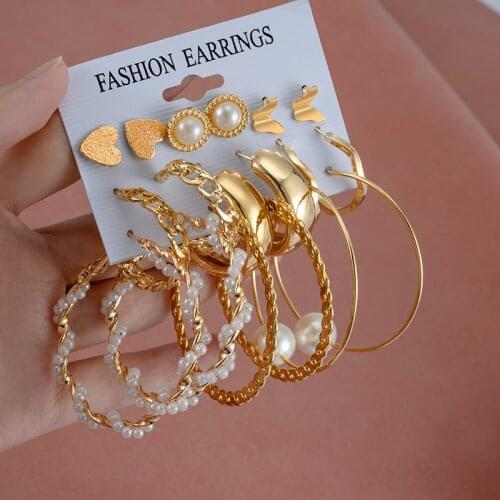 Fashion Statement Big Pearl Hoop Drop Earrings Sets For Women Geometirc Metel Circle Earrings 2021 Trend Female Jewelry Gifts