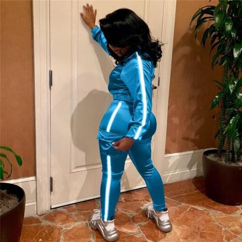 Reflective Strip Sports 2PCS Suit Women Casual Zipper Collar Top+Drawstring Pencil Pants Tracksuit