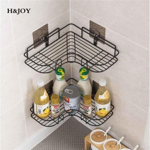 Iron Bathroom Storage Rack Metal Punch-Free Shelf Shower Wall-Mounted Suction Basket Organizer Kitchen Home Corner Hanging Racks