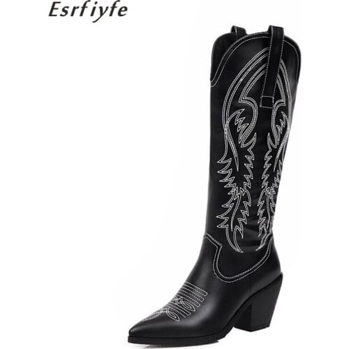 ESRFIYFE 2020 New Embroidered Western Cowboy Boots Women Leather Cowgirl Boots High Heel Shoes Knee High Woman Boots Ladies Boot