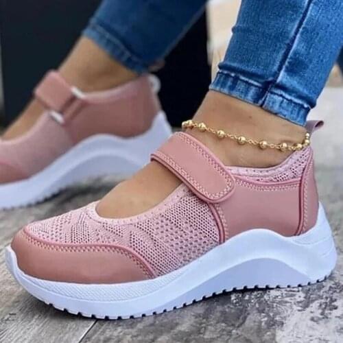 2021 Women Hook Loop Sneakers Women Mesh Breathable Vulcanized Shoes Ladies Solid Platform Flat Female Casual Shoes Plus Size