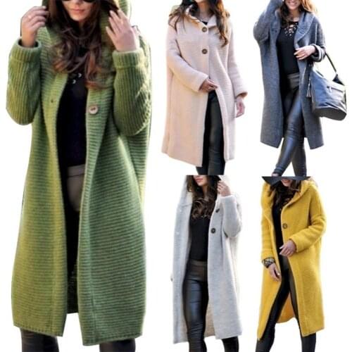 Women Autumn Winter Solid Color Button Cardigan Sweater Midi Hooded Coat Outwear wholesale dropshiping Harajuku style