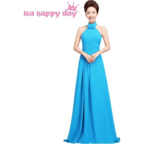 Women long halter neck 2020 elegant light blue adult bridesmaid dress pretty dresses gown for teenagers lace up back H1178