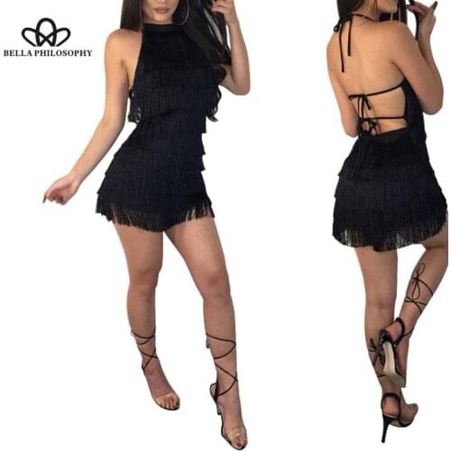 Bella Philosophy Sexy tassel Mini Dress Women Elegant Sleeveless Bodycon Party Dresses Summer Backless Slim Halter sexy dress