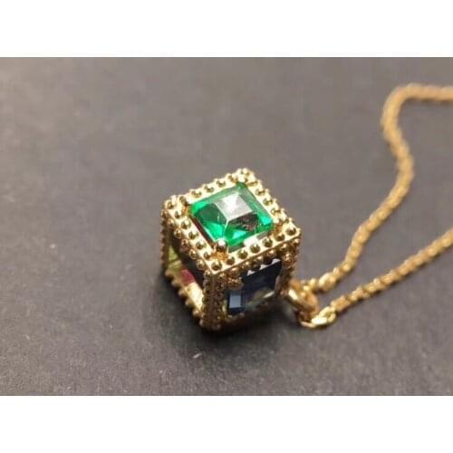 Newest cube style green emerald red ruby blue sapphire gemstone necklace for women funny necklace 925 silver real natural gem