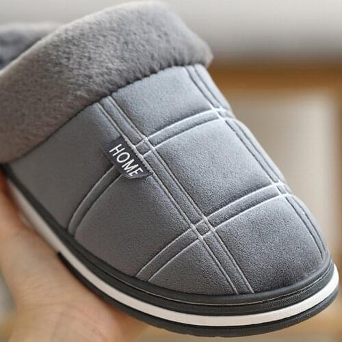 Winter warm slippers Keep warm Gingham Suede Short plush Indoor for male Non slip Cozy Velvet Waterproof Fur home men slippers