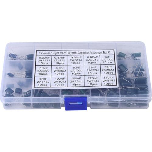 150pc 100V 15 Value 0.33nF-470nF Polyester Film Capacitors Assortment Set Case