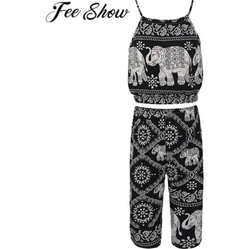 2Pcs Kids Girls Boho Print Thailand Elephant Print Summer Yoga Suit Straps Tops and Pants Set for Travel Beach Sport Casual Wear