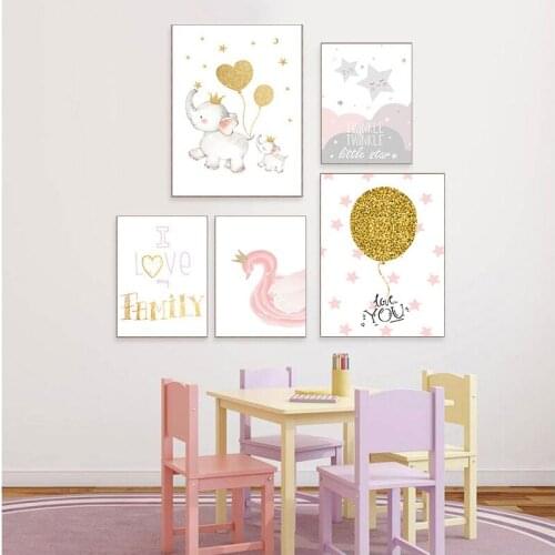 Swan Canvas Painting Ballet Wall Art Poster Kids Nursery Print Cartoon Elephant Posters Pink Star Wall Pictures Girl Room Decor