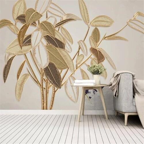 Milofi large mural wallpaper Nordic style green plant rubber tree golden relief line background wall decoration painting