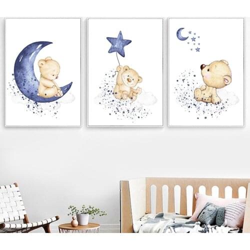 Bear Moon Star Wall Art Poster Pink Blue Art Print Animal Canvas Painting Baby Nursery Pictures Nordic Kids Boy Girl Room Decor