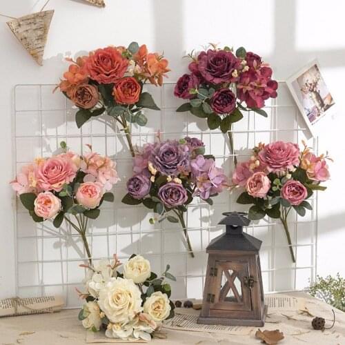Newly A Bunch Of Vintage Artificial Flowers Peony And Hydrangea For Bedroom And Living Room Home Decor Wholesale