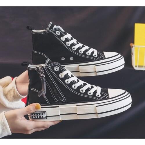 2020 Autumn New Side Zipper High-Top Canvas Shoes Womens Casual Trendy Shoes All-match White Shoes Irregular Black Gumshoes
