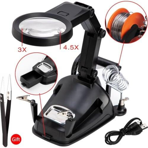 3 Hand Soldering Iron Stand Welding Tool 3/4.5X Magnifier Repair Tool For Reading Illuminated Glasses LED Alligator Clip Holder