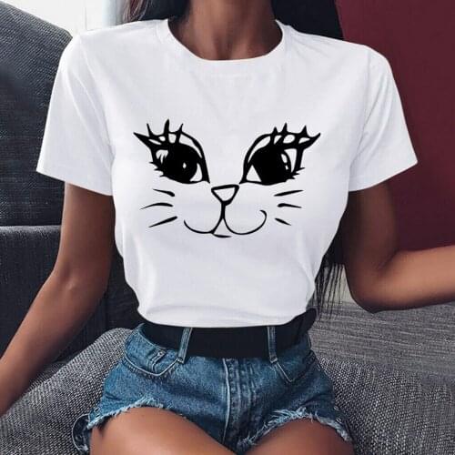 Seeyoushy Cute Kawaii Cat Face Printing Womens T-shirt Short Sleeve Casual Funny Tee Shirt Femme O-neck Rock Tops Clothes 2020