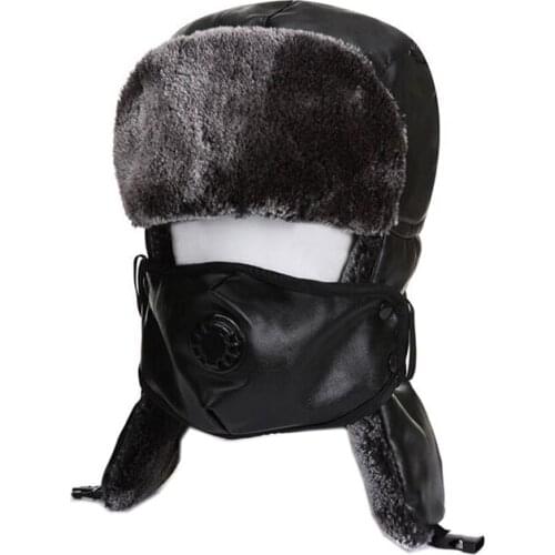Unisex Bomber Hat Winter Fur Earflap Brown Caps Ushanka Ear Helmet For Mens and Women Pu Leather