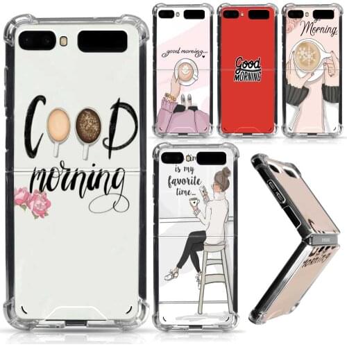 Fold Case for Samsung Z Flip 5G Airbag Anti Fall Silicone Clear Capas Soft TPU Phone Caso Covers Good MornEng GErl Coffee