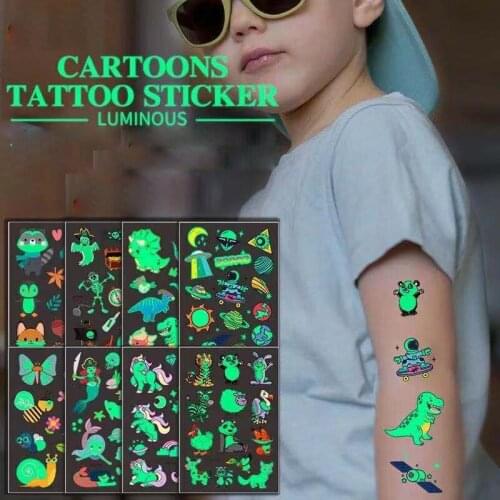 Glow Childrens Tattoo Sticker Waterproof Temporary Anime Cartoon Luminous Body Transfer Mermaid Unicorn Animal Kid Toy Gift