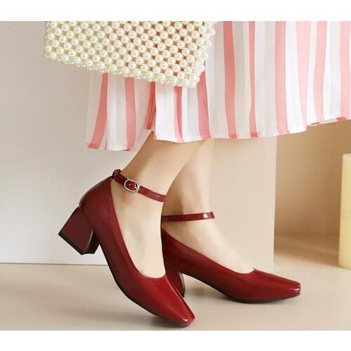 Womens Buckle Mary Jane Pumps Patent Leather Block Heel Shoes Creepers Black Red Yellow Blue Plus Oversize 34-52 New 2022