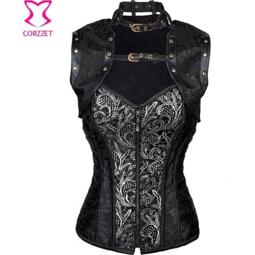 Vintage Steampunk Black Corset Overbust Zip Korset Corselete Feminino Espartilhos Steel Boned Corsets&Bustiers Burlesque Outfits