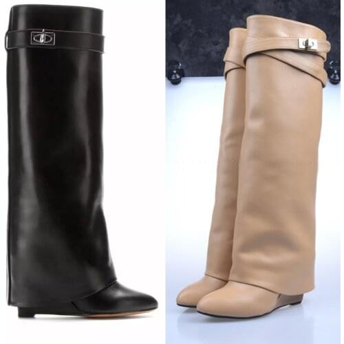 Metal Shark Lock Women Knee High Boots Polish Leather Long Booties 20 Colors Strap Wedges Shoes Ladies Knight Layer Botass