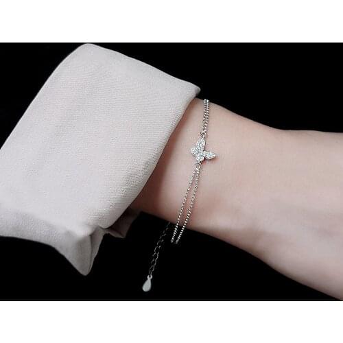 925 Sterling Silver Simple Pavé Crystal Butterfly Double Round Bead Bracelet Women Student Girlfriend Jewelry Accessories
