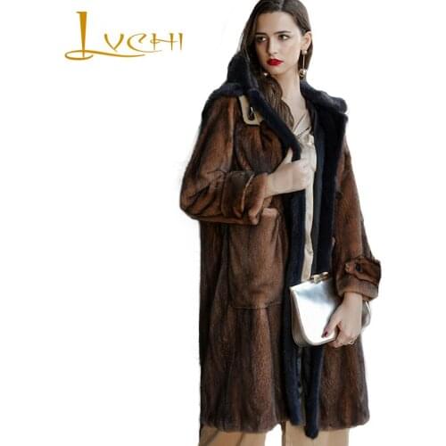 LVCHI Winter 2019 With Fur Hood Long Real Mink Fur Coats Womens Long Sleeve Slim Medium Hat Copenhagen Swan Velvet Mink Coats