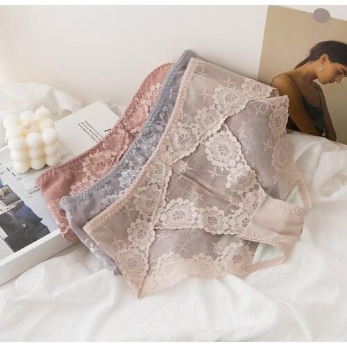 Womens Sexy Underwear Lace Perspective Panties Womens Mesh Pure Color Briefs Low Waist Sexy Underpants Female Cotton Lingerie