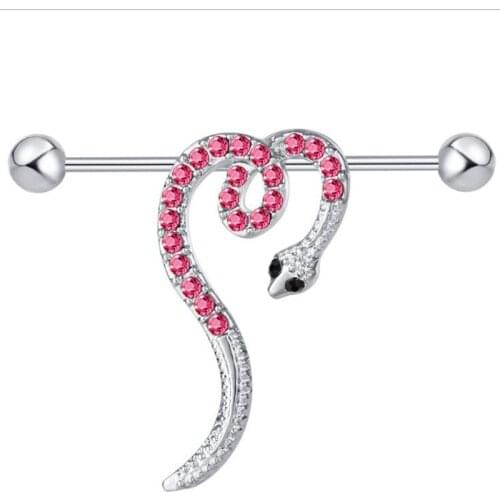 1 Piece 2019 New 14G 38mm Length Stainless Steel Industrial Barbell Pink Crystal Snake Earring Body Ear Piercing Jewelry