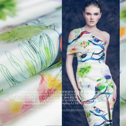 100% Natural Mulberry Silk Organza Fabric Stiff Wedding Dress Material Flowers and Birds Printing