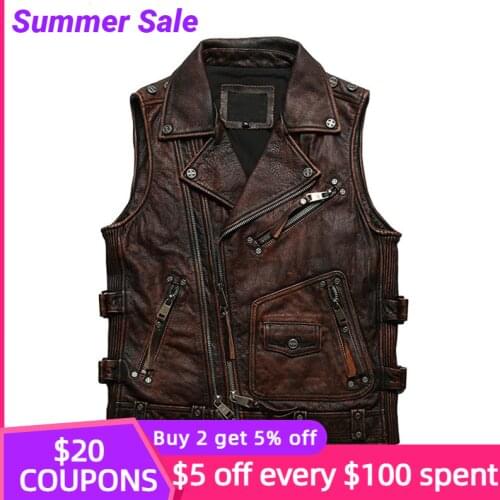 2021 Vintage Brown Motorcycle Style Genuine Leather Vest Men Plus Size 5XL Real Natural Cowhide Spring Slim Fit Short Coat