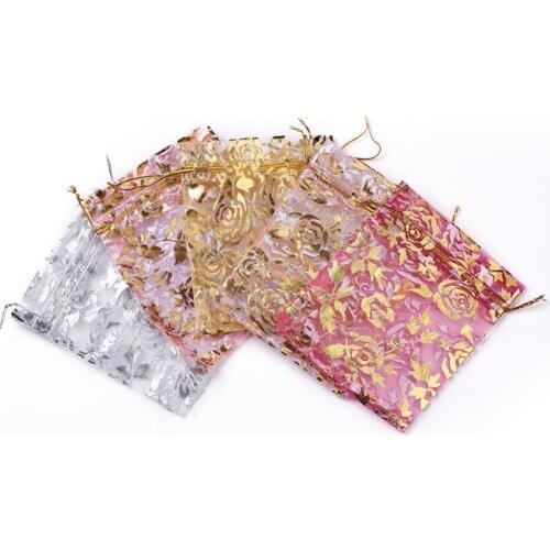 25pcs/set Rose Printed Drawstring Organza Bags 12X10cm Mix Color Rectangle Gifts Wedding Favour Jewelry Packaging Bag Wholesale