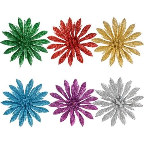 6pcs Glitter Artificial Flower Christmas Flowers For Home Merry Christmas Tree Decoration Wedding DIY Head Flower Xmas Ornaments