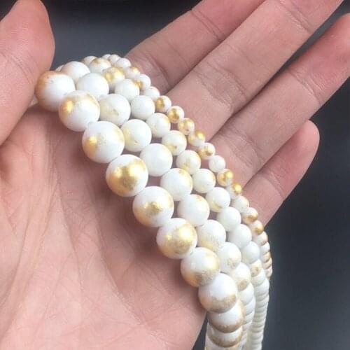 Round White Plated Gold Jades Beads Natural Loose Stone Beads For Jewelry Making DIY Bracelet Accessories 15'' 4/6/8/10/12mm