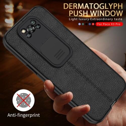 Leather texture silicone push pull camera protect case for xiaomi poco x3 nfc redmi note 8 9 10 pro 10s 9s 9t 9a 9c mi 11 lite