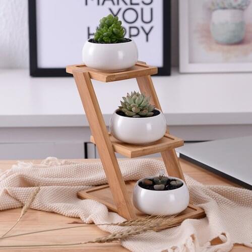 3 layers Wood Plant Pot Stand with 3 Ceramics Vase Cachepot For Flowers Cactus Succulent Plant Garden Home Decor Accessories