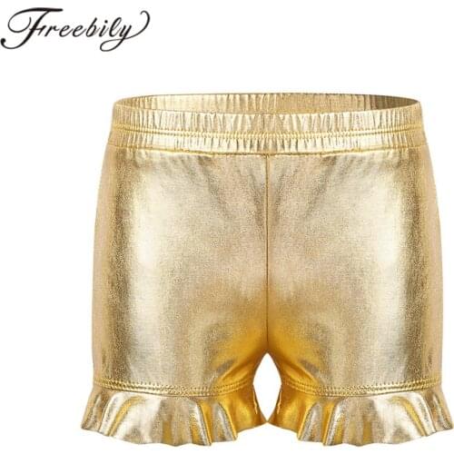 Kids Teen Girls Gymnastics Shorts Metallic Glossy Elastic Ruffled Shorts Workout Ballet Cheer Dance Performance Tumbling Bottoms