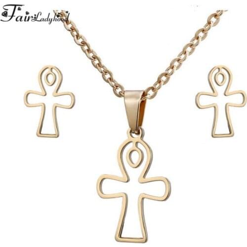 Fairladyhood Hollow Cross Sweater Chain Necklace and Cute Hollow Cross Earrings Custom Stainless Steel Woman Jewelry Set