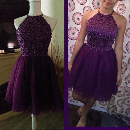 Purple Prom Dress A Line Halter Backless Beading Party Gown Homecoming Gown