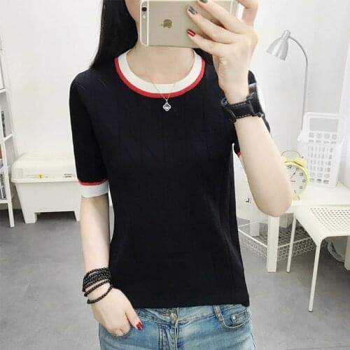 Western Style Ice Silk T-shirt Female Summer New Style Korean Loose T-shirt Women Round Neck Knitting Sweater Short-sleeved Top