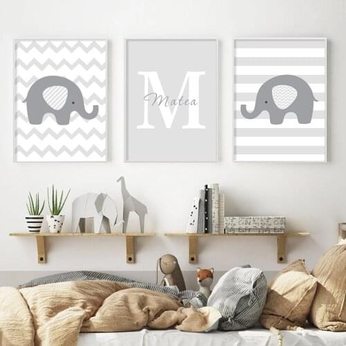 Custom Name Initial Letter Elephant Animals Baby Nursery Canvas Painting Poster Print Wall Art Pictures Boys Bedroom Home Decor